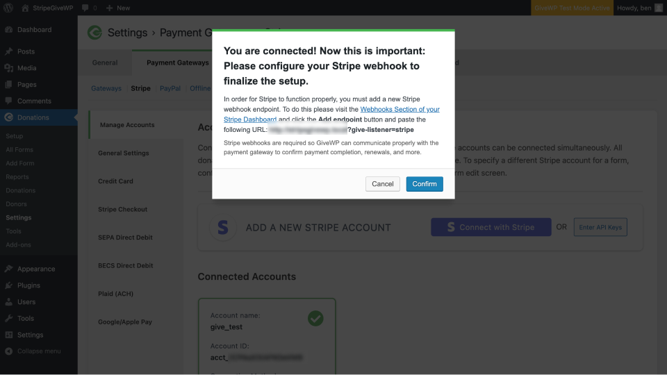Screenshot of the page after successful connection, with an overlaid modal instructing how to add the webhook to the Stripe account