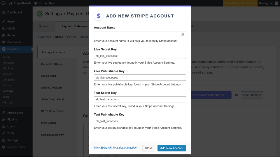 after clicking API Keys to connecta s Stripe account, a modal pops up asking for those keys.
