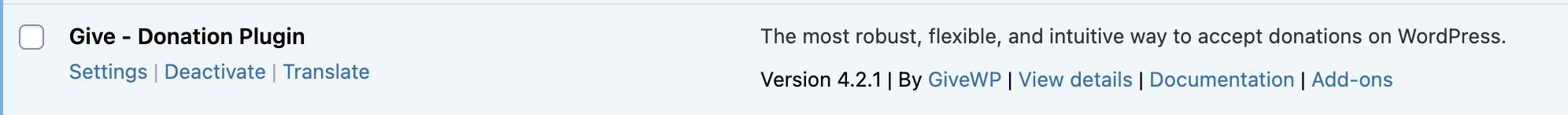 view of the Give - Donation Plugin from the main Plugins page in the WordPress admin