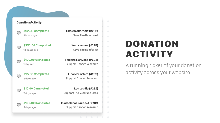 The "Donation Activity" list is a running ticker of your donation activity across your website.