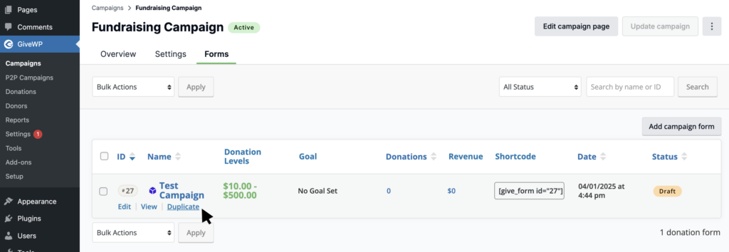 Campaign Forms list shows an option to Duplicate the form when hovering over the form title
