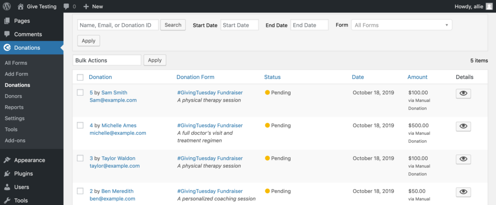 screenshot of donations marked as pending with a yellow dot in the “status” column