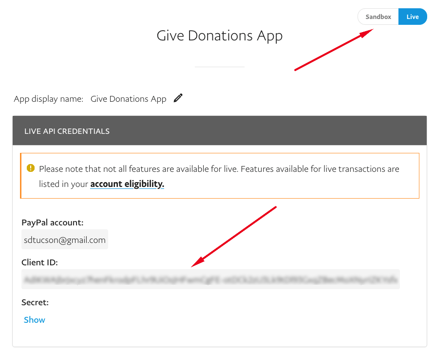 Copy the Live and Sandbox credentials from PayPal into Give - take note of the toggle switch