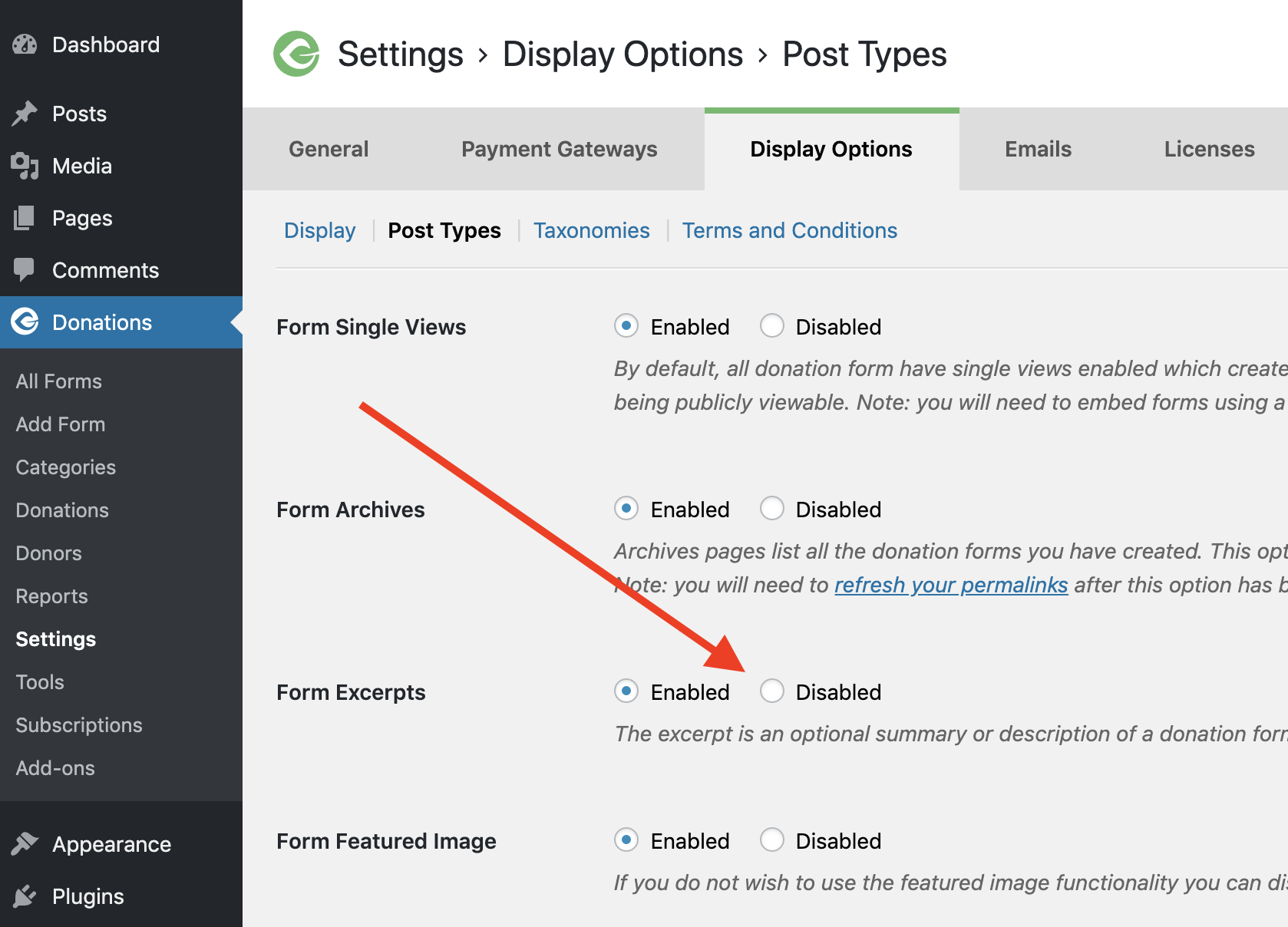 Back end of the GiveWP plugin Settings page, section to disable the form excerpt