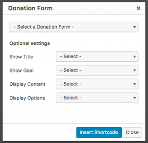 screenshot of the modal for adding Give forms to pages or posts, 