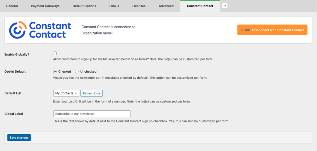 Constant Contact global and default settings