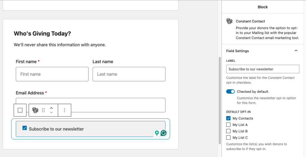 Configuring the block settings for Constant Contact on a form