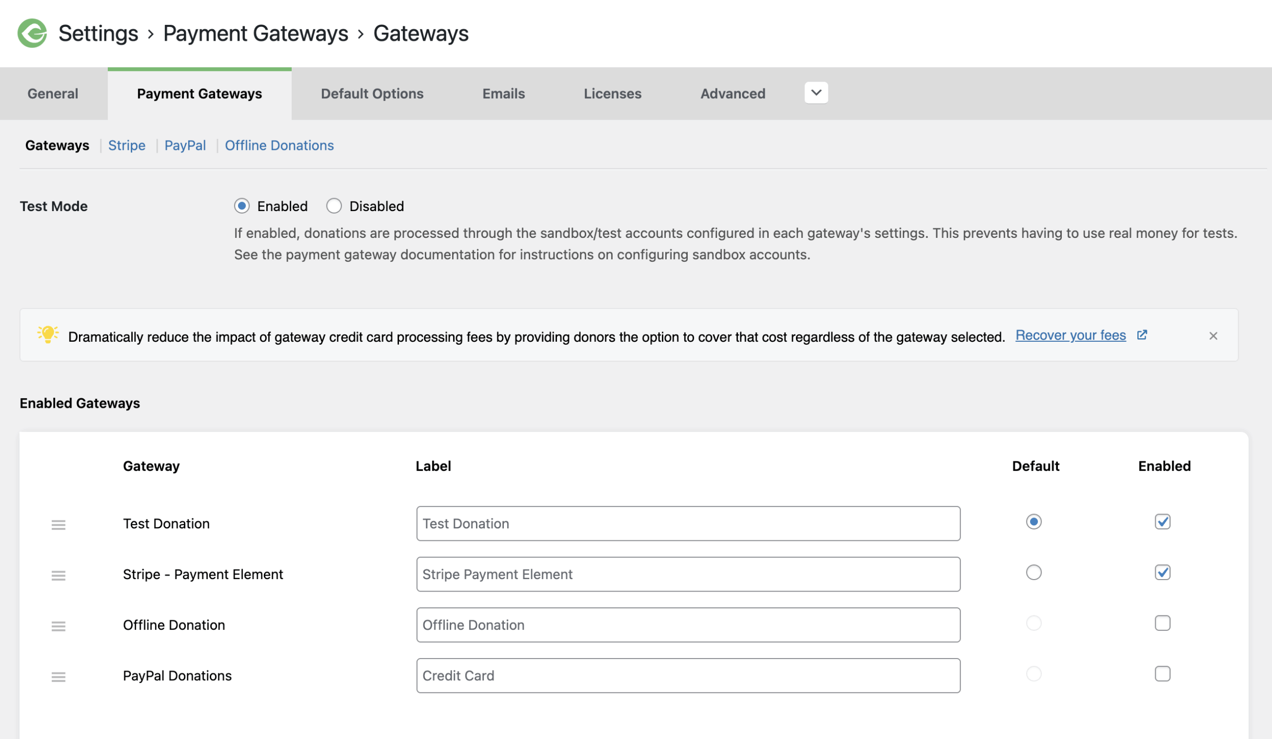 Default GiveWP payment gateway list in the free plugin