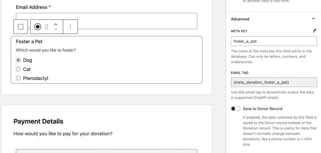 GiveWP Form Field Manager option for where to save the data.
