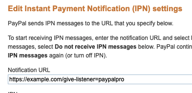 screenshot of the page for editing the IPN at PayPal
