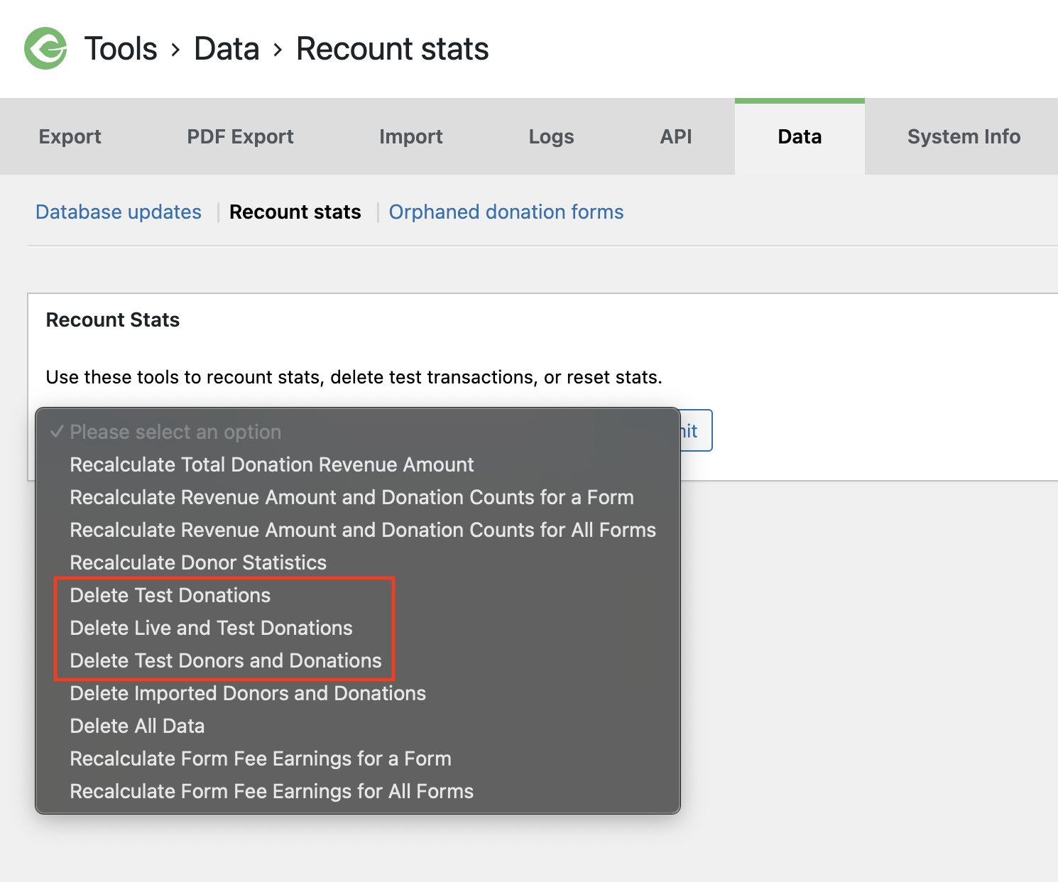 Tools - Data - Recount stats showing the option to delete all Test Donations.