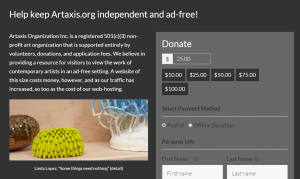 Screenshot of the Artaxis website with their Give donation form