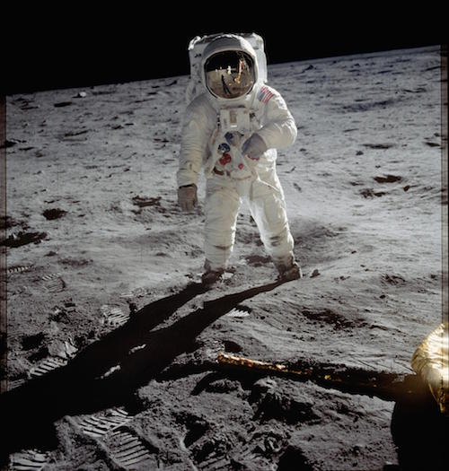 Buzz Aldrin on the Moon Astronaut Buzz Aldrin walks on the surface of the moon near the leg of the lunar module Eagle during the Apollo 11 mission. Mission commander Neil Armstrong took this photograph with a 70mm lunar surface camera. While astronauts Armstrong and Aldrin explored the Sea of Tranquility region of the moon, astronaut Michael Collin remained with the comma