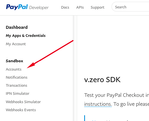 The Sandbox Accounts options within the PayPal Developer Dashboard