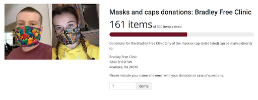 A customized masks and caps donation form that showed items, not dollars, for the Bradley Free Clinic.