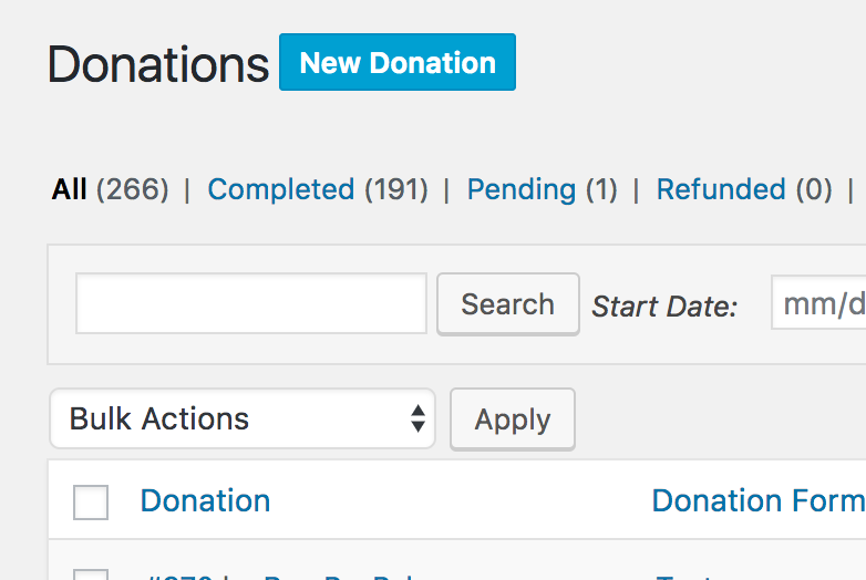 The "New Donation" button on the Donations page in the back end