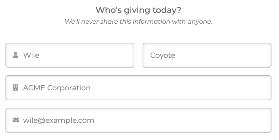 cropped screenshot of the multi-step form with the company name field prominently displayed caption: Donors can provide their company name alongside their donation when this option is enabled.