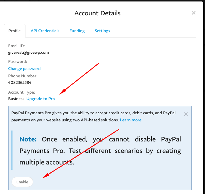 Upgrade the PayPal Sandbox to Business-Pro if not done already.