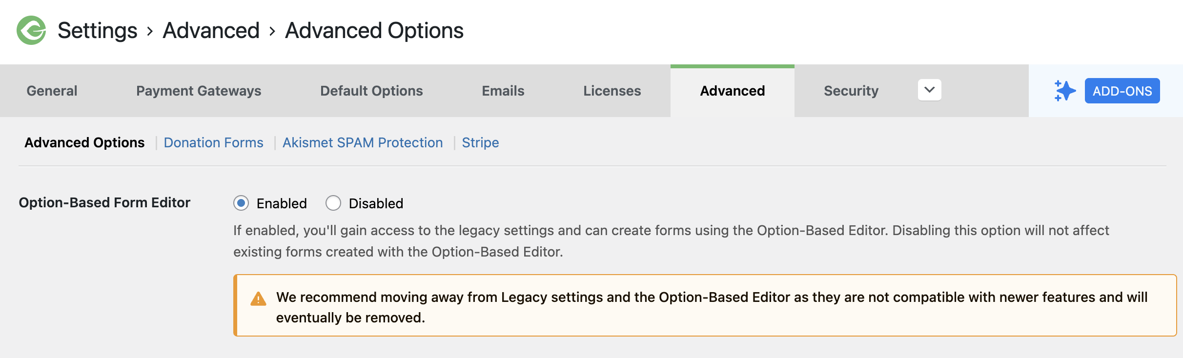 advanced options settings to enable the Option-Based Form Editor settings site-wide