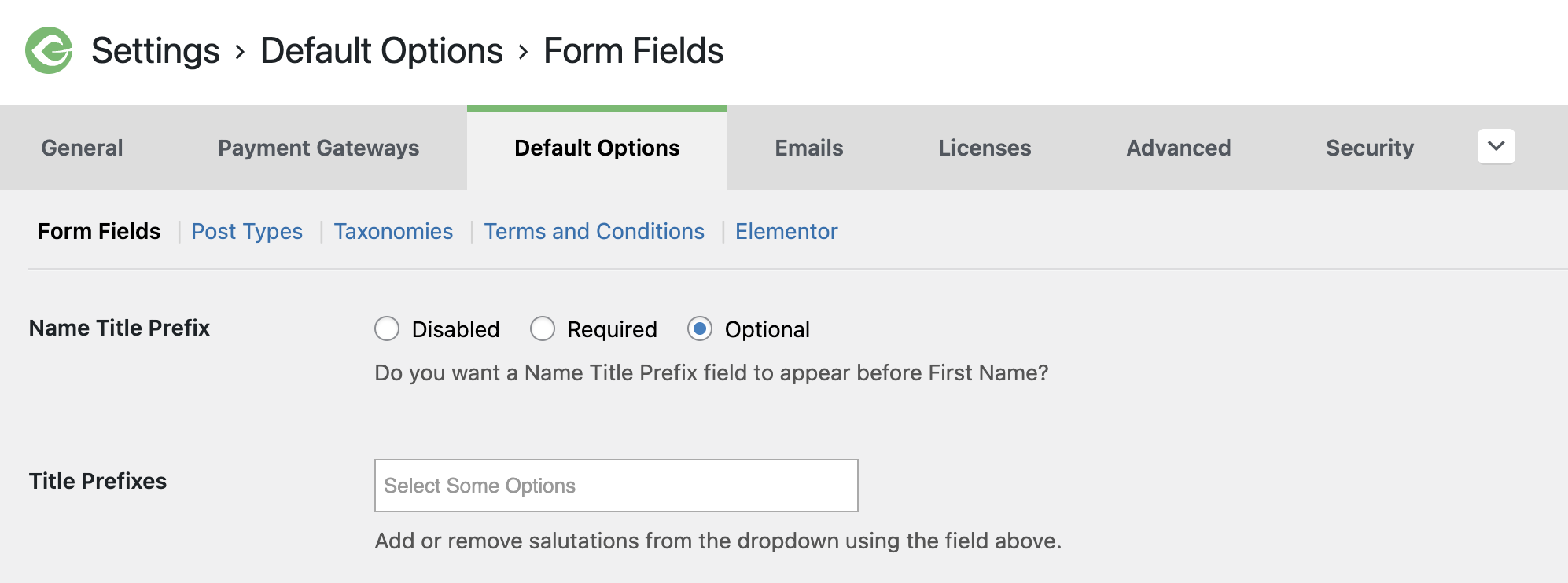 settings menu of the Default Options tab selected from GiveWP - Settings - Default Options - Form Fields