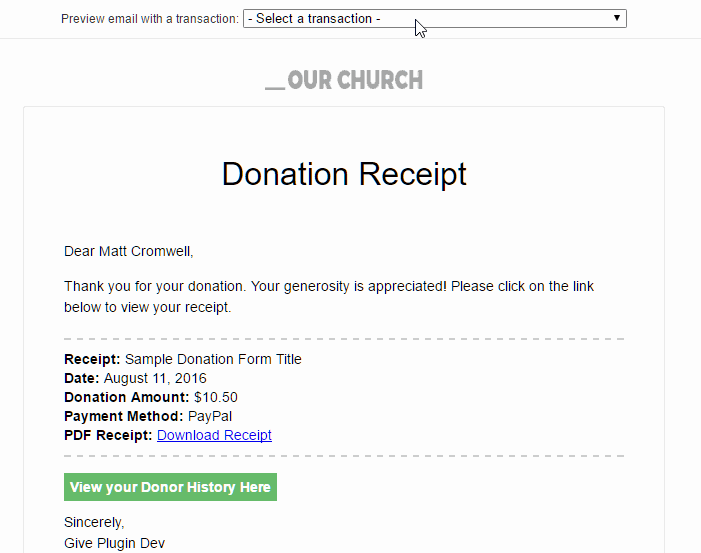 The live preview of recent donations in your donation receipt email.