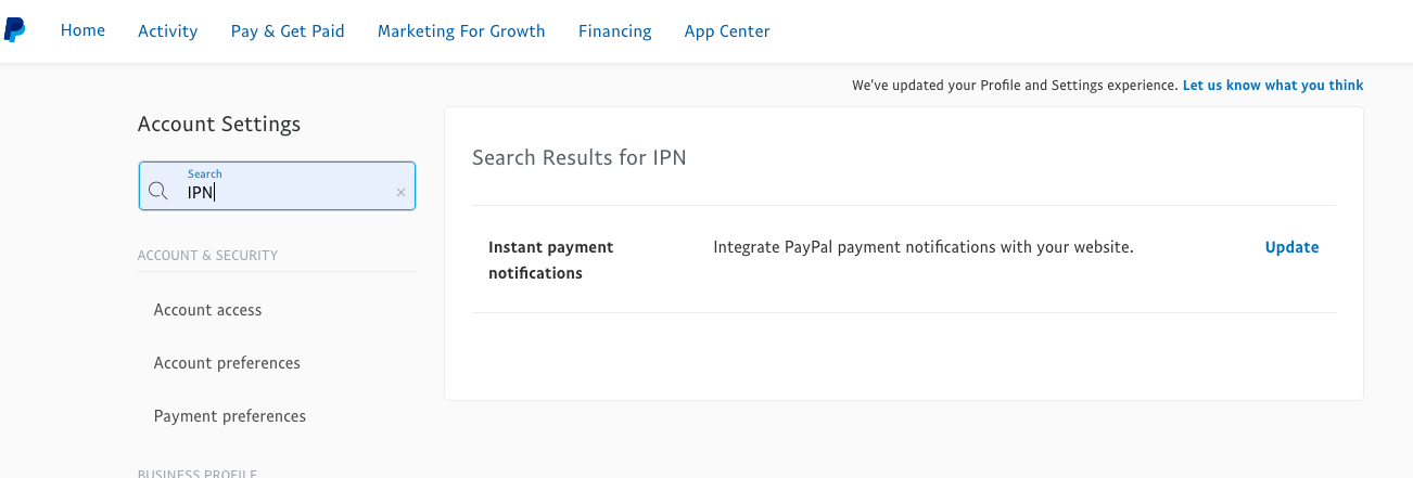 The IPN Account Settings option in PayPal