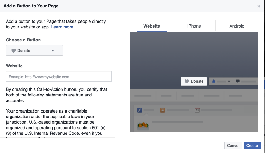 Facebook's Page CTA allows for donations.