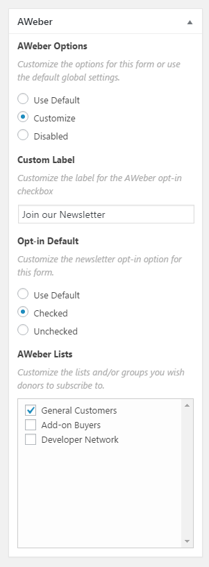 The AWeber Form Edit Screen Customize Options