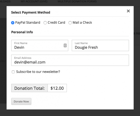 A donation form with specific payment gateways enabled