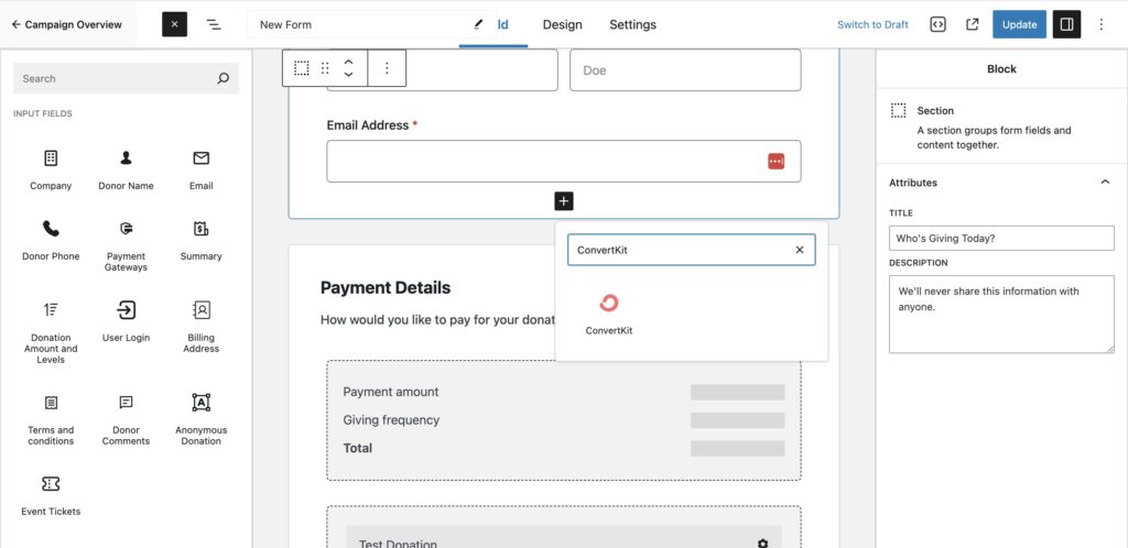 The ConvertKit block in a Visual Donation Form Builder 