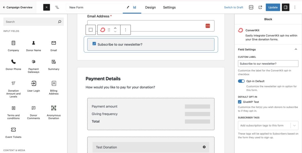 GiveWP ConvertKit Options