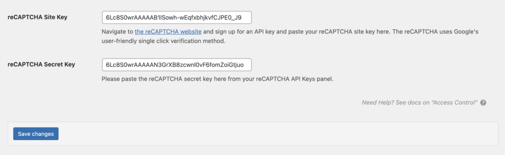 reCAPTCHA site and secret key fields at the bottom of the Access Control settings screen