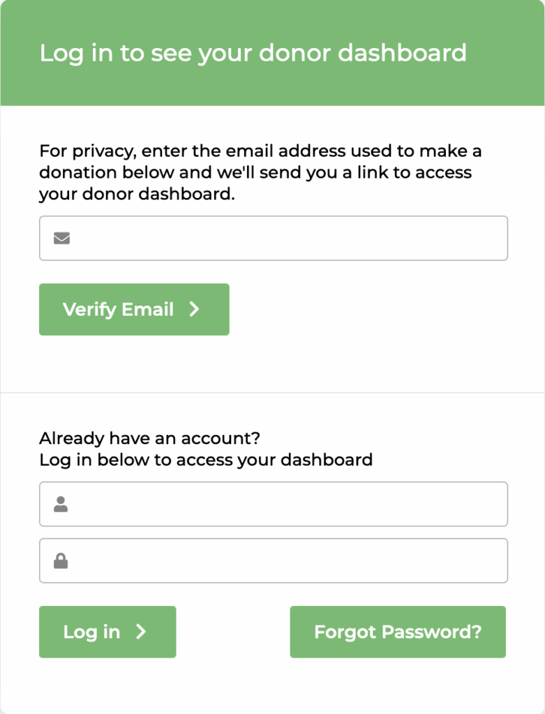 Email access feature enabled that appears when visiting the Donor Dashboard page without being logged in.