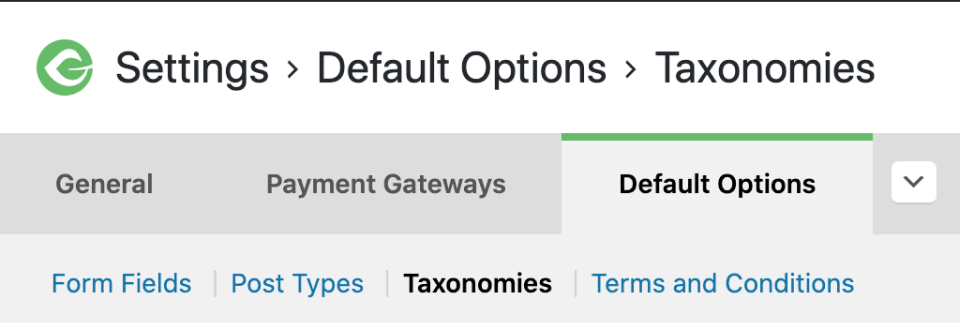 Screenshot of the taxonomies section of the default options tab.