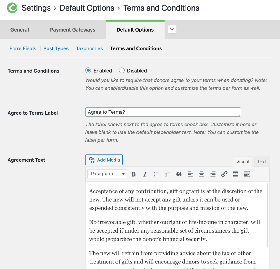 screenshot of the terms and conditions option selected, with the default text in it.