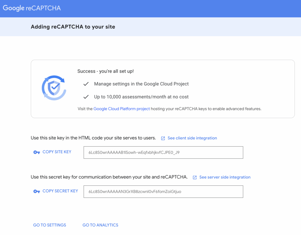 Final step in the Google reCAPTCHA admin where your new site and secret keys are display. 