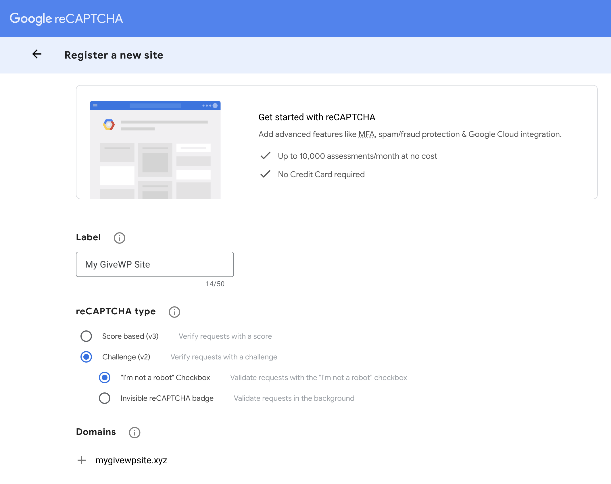 Page showing the settings to register a new site on your Google reCAPTCHA account