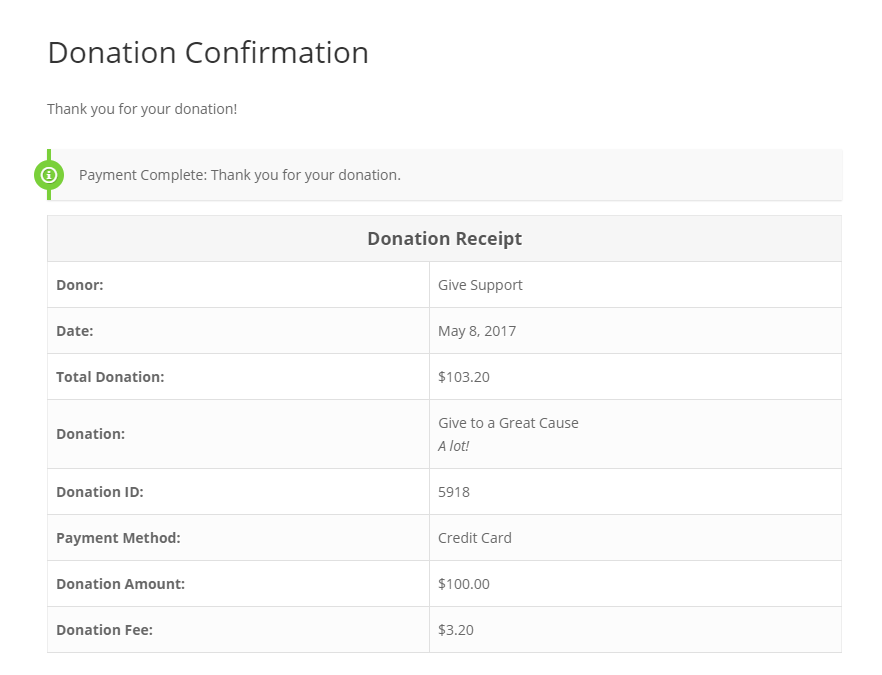 Your donation confirmation page shows the intended gift alongside the fee payment. 