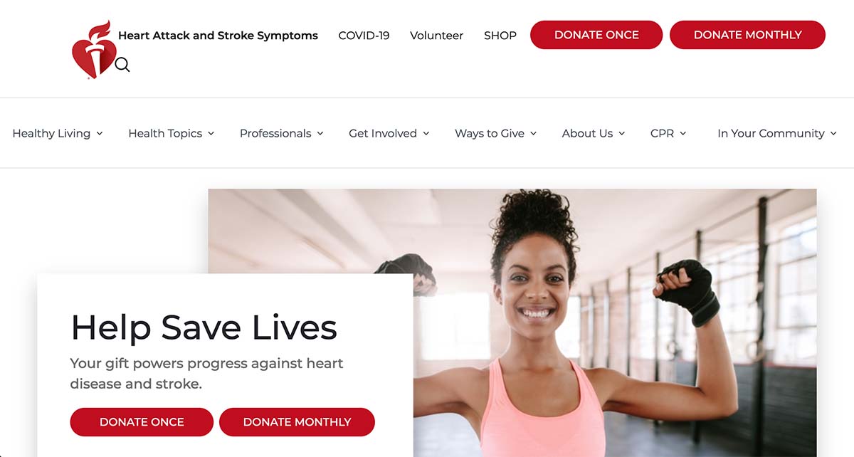 The American Heart Association has two donation buttons clearly labeled to donate once or monthly. 