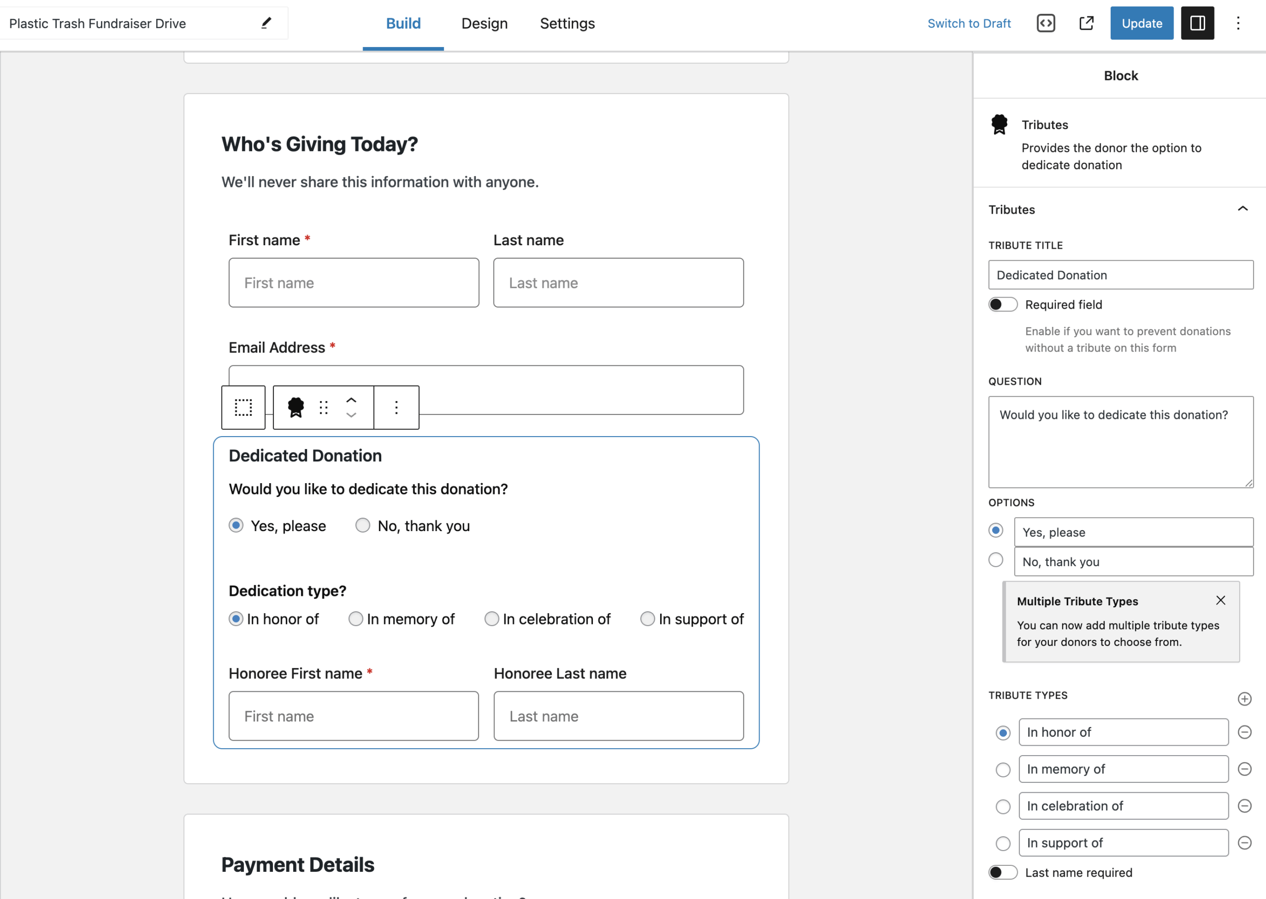 Tributes block settings overview showing multiple Tribute Types options added in version 2.2.0