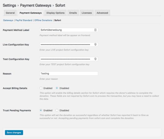 The Sofort payment gateway options found in the GiveWP settings.