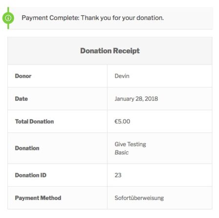 GiveWP Donation Receipt Page after a Sofort donation.