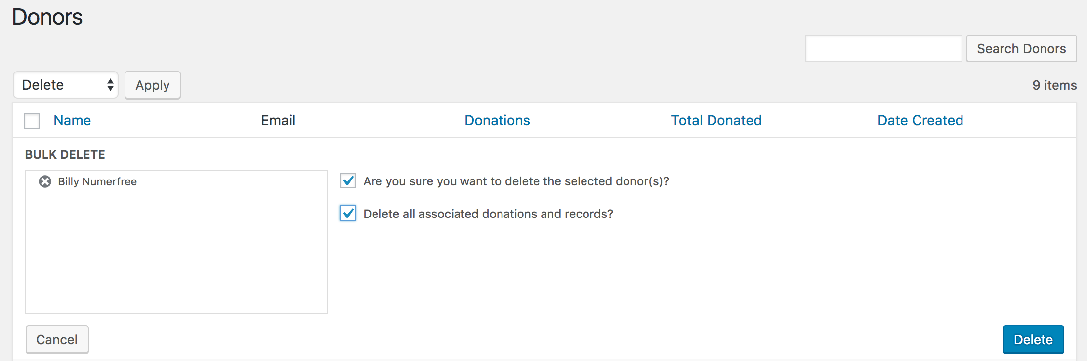 screenshot of the main Donors page with bulk delete options available.