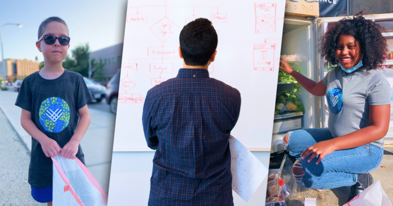Left: A child wearing a Giving Tuesday t-shirt standing on a sidewalk holding a trash bag. Center: The back of a person looking at plans on a whiteboard. Right: A teenage girl crouching down, filling a community fridge.