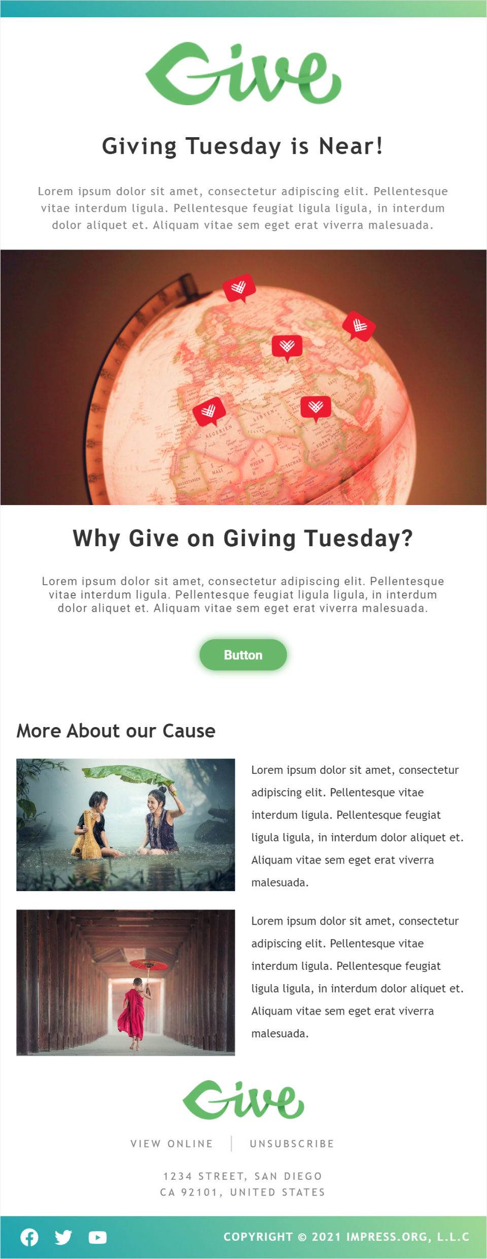 A screenshot of the email template with header, lorem ipsum filler text, buttons and an About our Cause section.