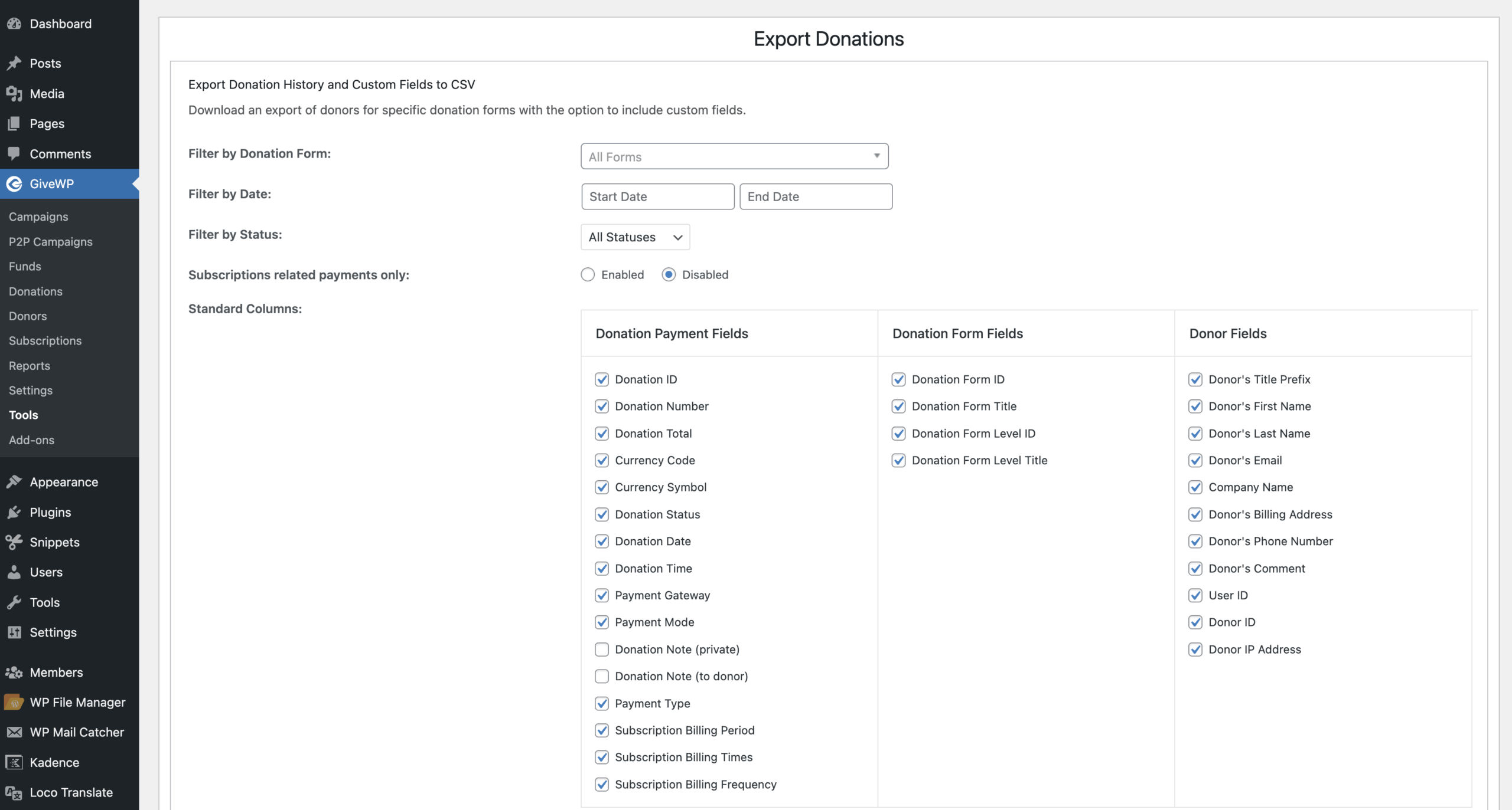 Filtering options for the export donation history to CSV file