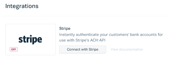 screengrab. Heading reads 'Integrations' and a section with a Stripe Logo reads ' Instantly authenticate your customers' bank accounts for use with Stripe's ACH API"