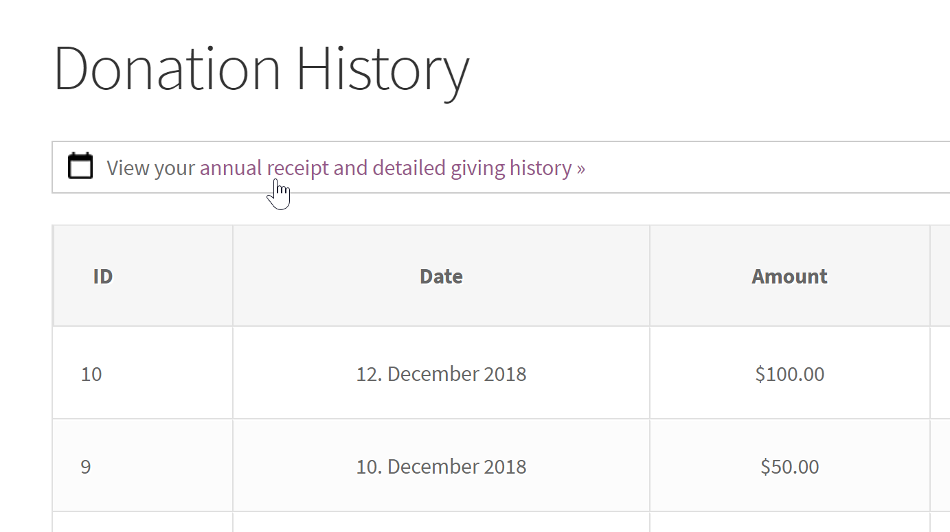 The Annual Receipts link that appears above the Donation History table.