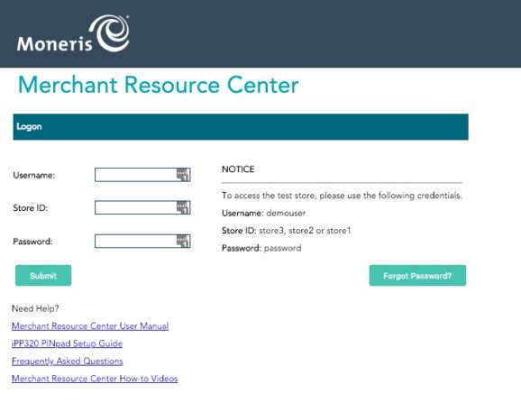 Testing through Moneris is done through a shared "Merchant Resource Center"