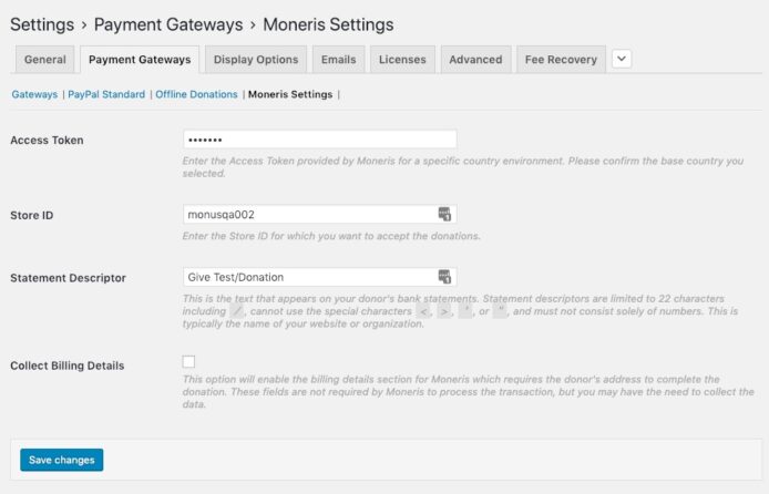 The GiveWP Moneris Payment Gateway settings screen
